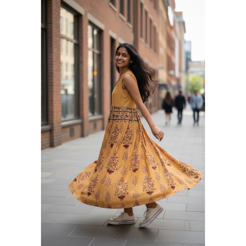 Here&Now Floral Embroidered Midi Dress Womens Size M Mustard‎ Yellow Boho Summer